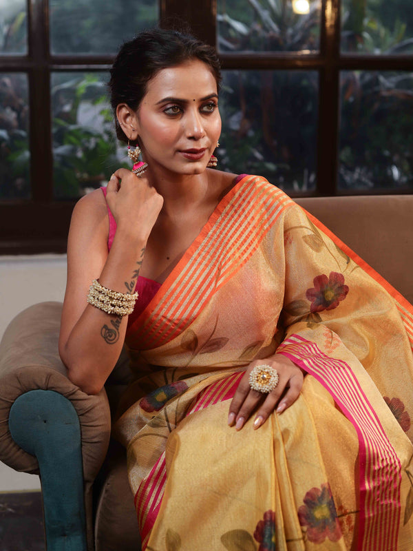 Banarasee Handwoven Tissue Saree With Hand Brush Paint Floral Design & Contrast Border-Yellow