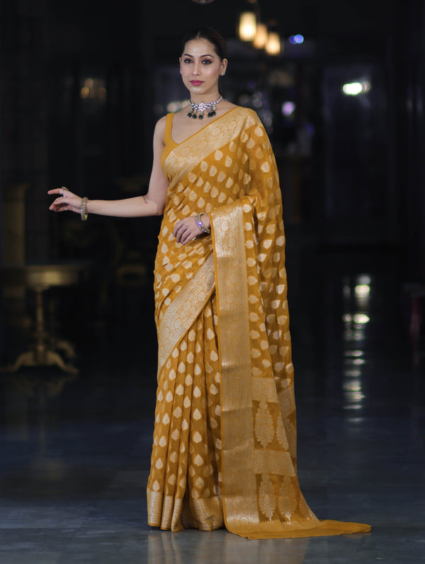 Banarasee Pure Chiffon Saree With Gold Zari Buta Work & Border-Mustard Yellow