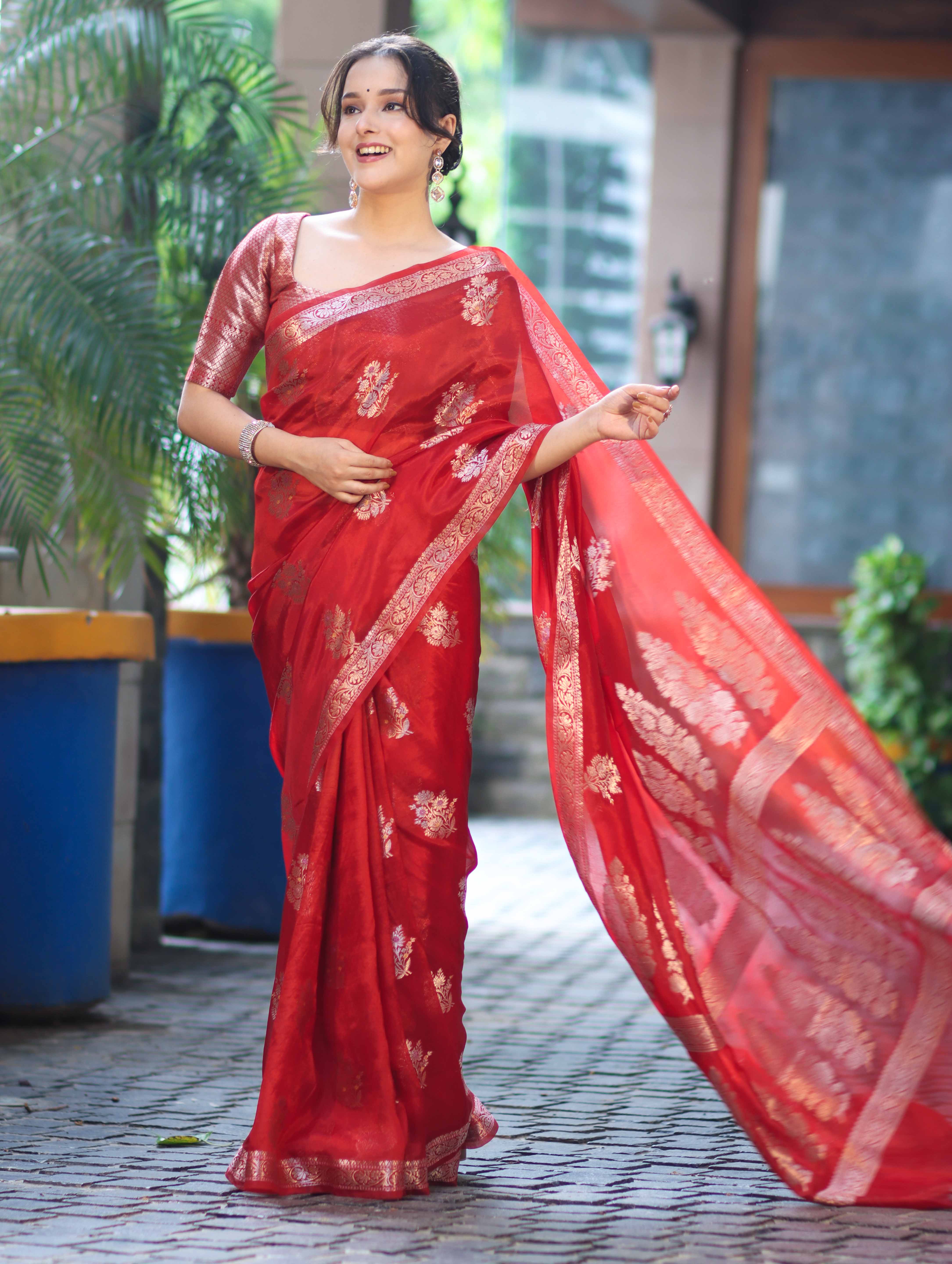 Banarasee Handloom Semi Silk Saree With Zari Floral Buta Design & Border-Red
