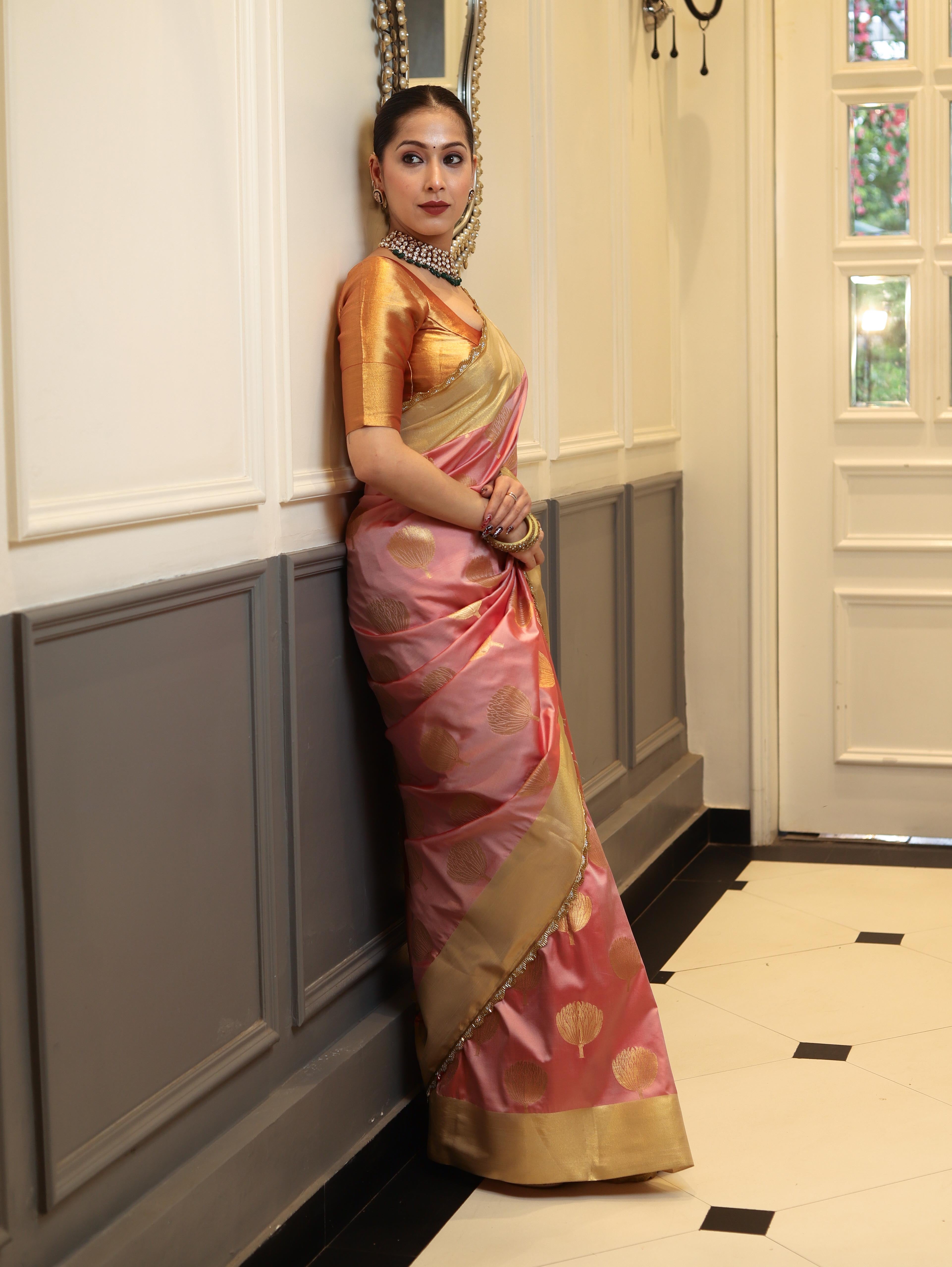 Banarasee Handwoven Semi Silk Saree With Zari Buta Design & Lace-Peach