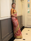 Banarasee Handwoven Semi Silk Saree With Zari Buta Design & Lace-Peach