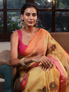 Banarasee Handwoven Tissue Saree With Hand Brush Paint Floral Design & Contrast Border-Yellow