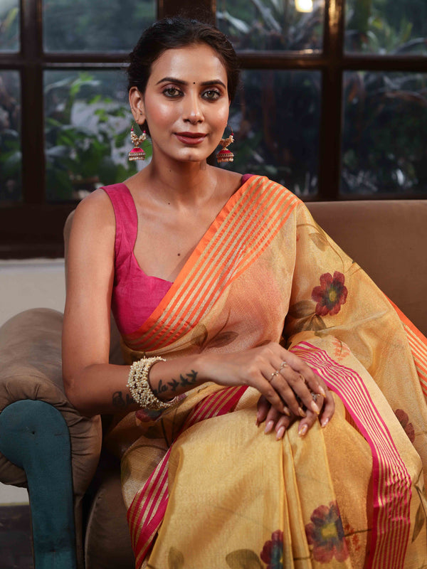 Banarasee Handwoven Tissue Saree With Hand Brush Paint Floral Design & Contrast Border-Yellow