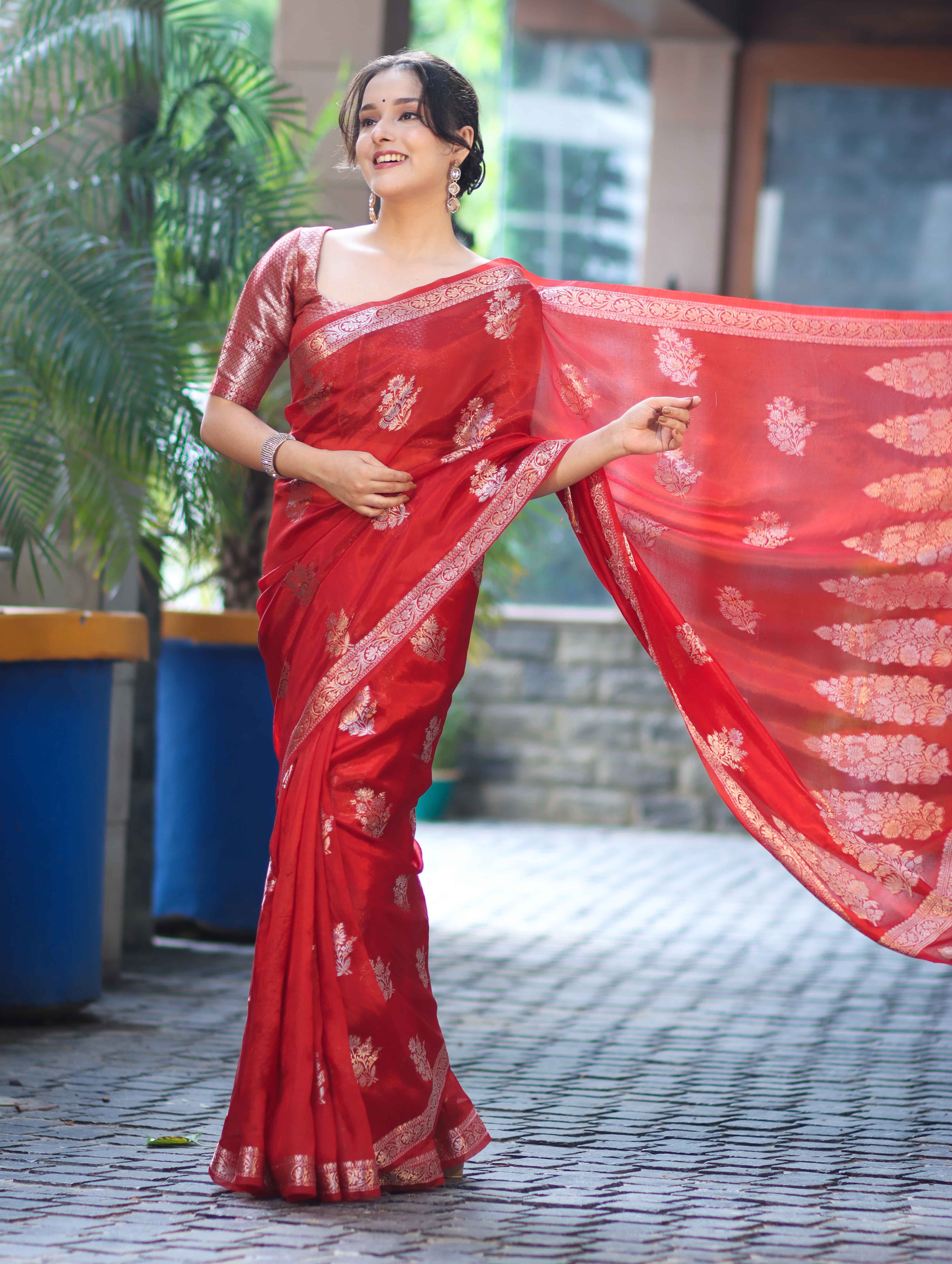 Banarasee Handloom Semi Silk Saree With Zari Floral Buta Design & Border-Red