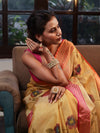 Banarasee Handwoven Tissue Saree With Hand Brush Paint Floral Design & Contrast Border-Yellow