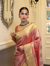 Banarasee Handwoven Semi Silk Saree With Zari Buta Design & Lace-Peach