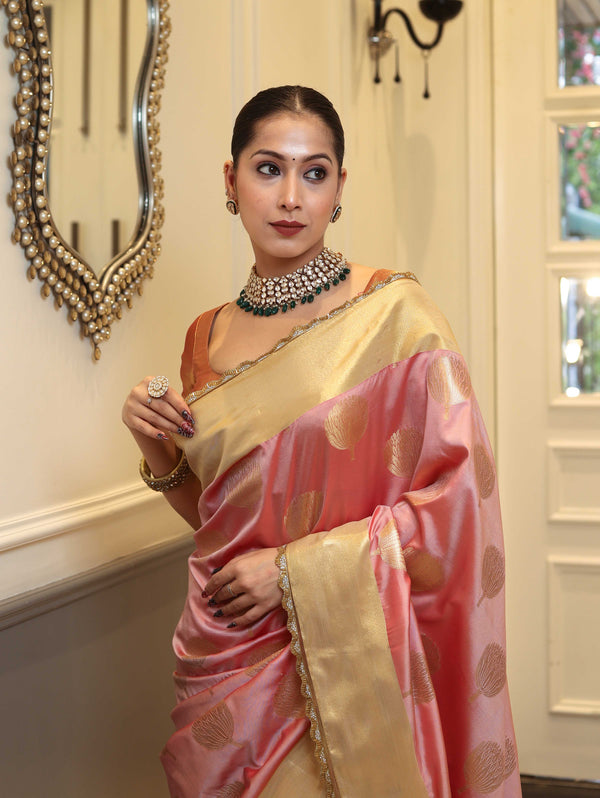 Banarasee Handwoven Semi Silk Saree With Zari Buta Design & Lace-Peach
