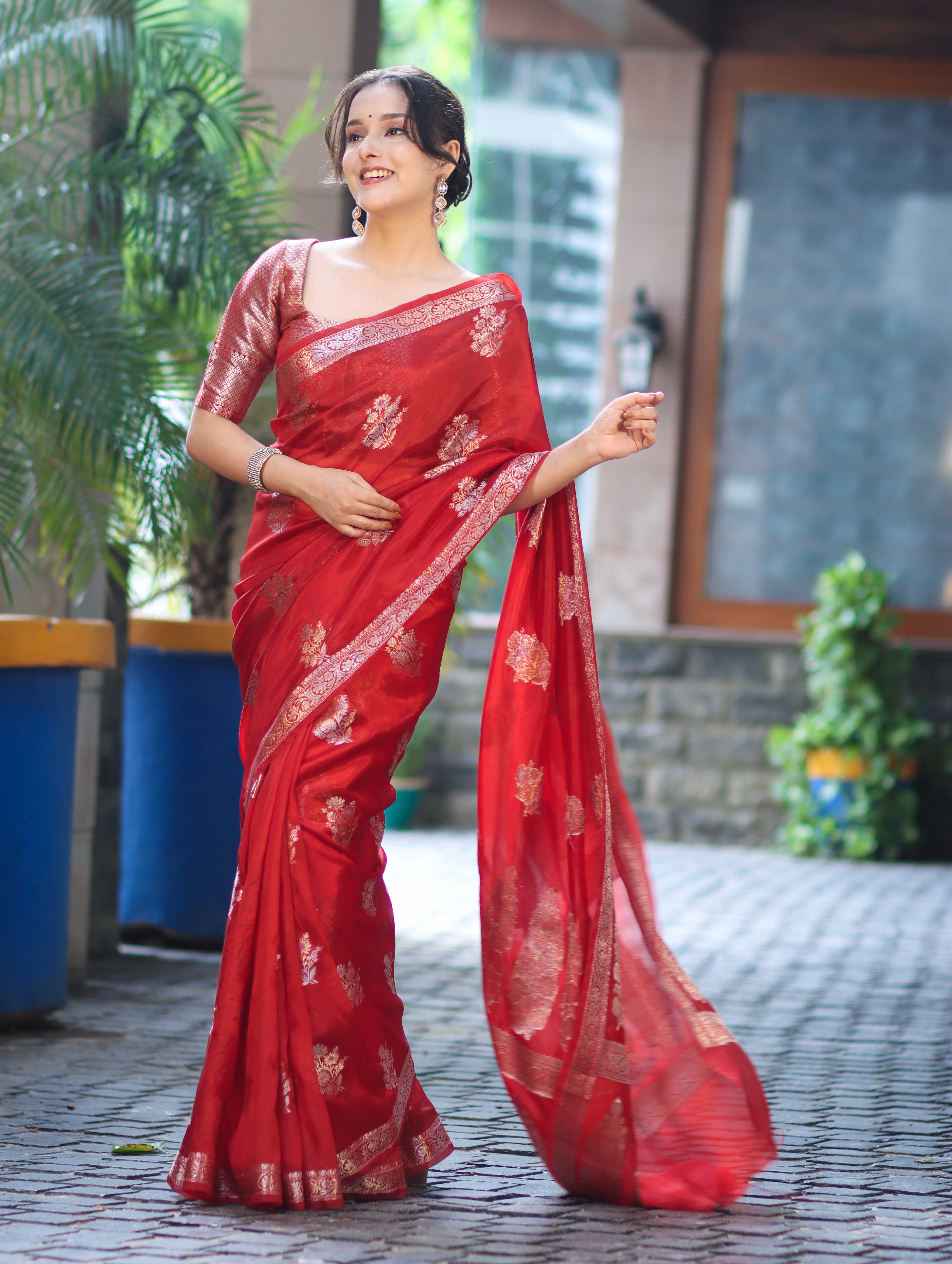 Banarasee Handloom Semi Silk Saree With Zari Floral Buta Design & Border-Red