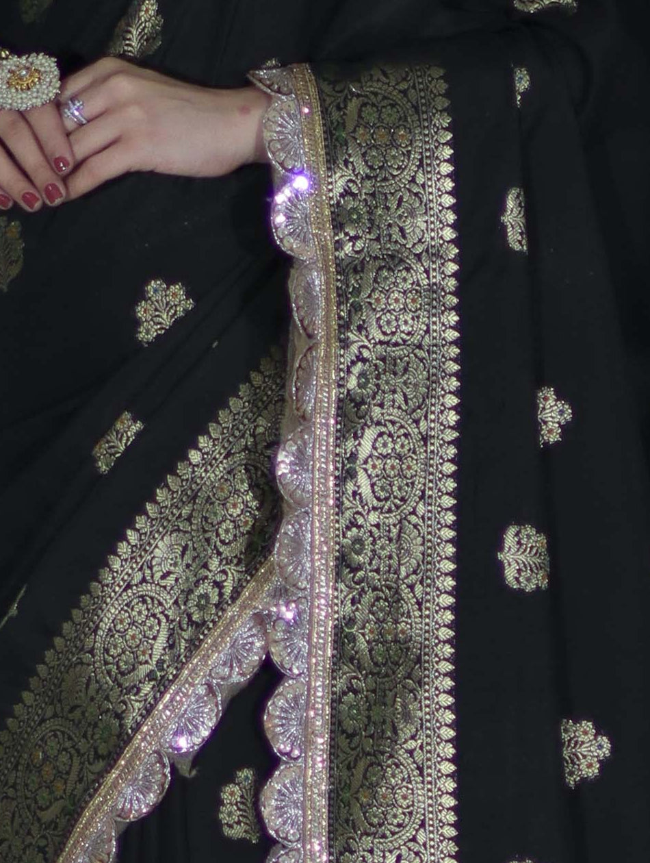 Banarasee Handloom Semi Silk Saree With Zari Buti Design & Lace Border-Black