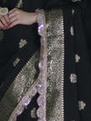 Banarasee Handloom Semi Silk Saree With Zari Buti Design & Lace Border-Black