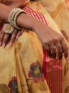 Banarasee Handwoven Tissue Saree With Hand Brush Paint Floral Design & Contrast Border-Yellow