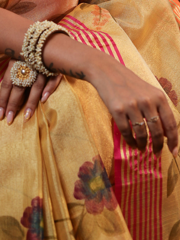 Banarasee Handwoven Tissue Saree With Hand Brush Paint Floral Design & Contrast Border-Yellow