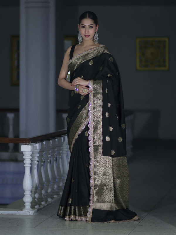 Banarasee Handloom Semi Silk Saree With Zari Buti Design & Lace Border-Black