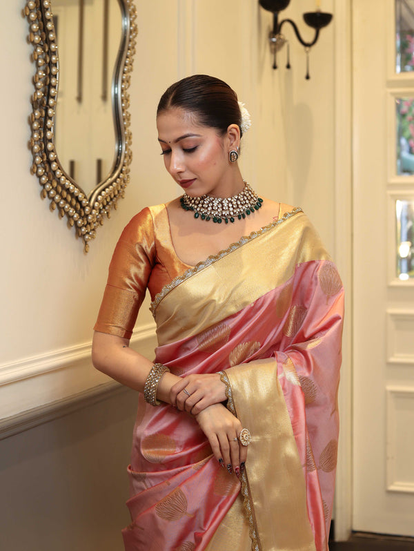Banarasee Handwoven Semi Silk Saree With Zari Buta Design & Lace-Peach