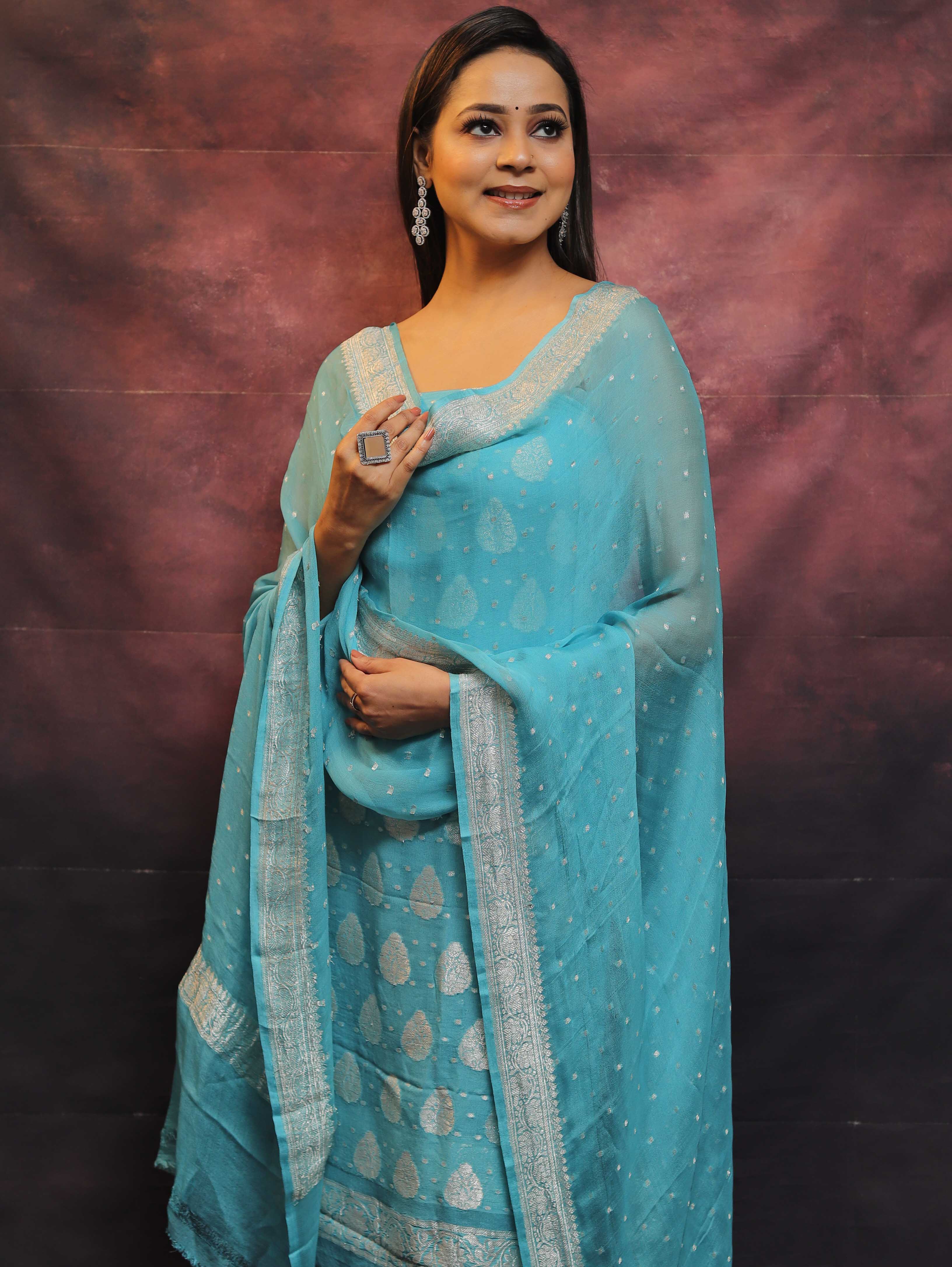 Banarasee Handloom Pure Chiffon Silk Kameez Fabric With Silver Zari Buta Dupatta-Blue