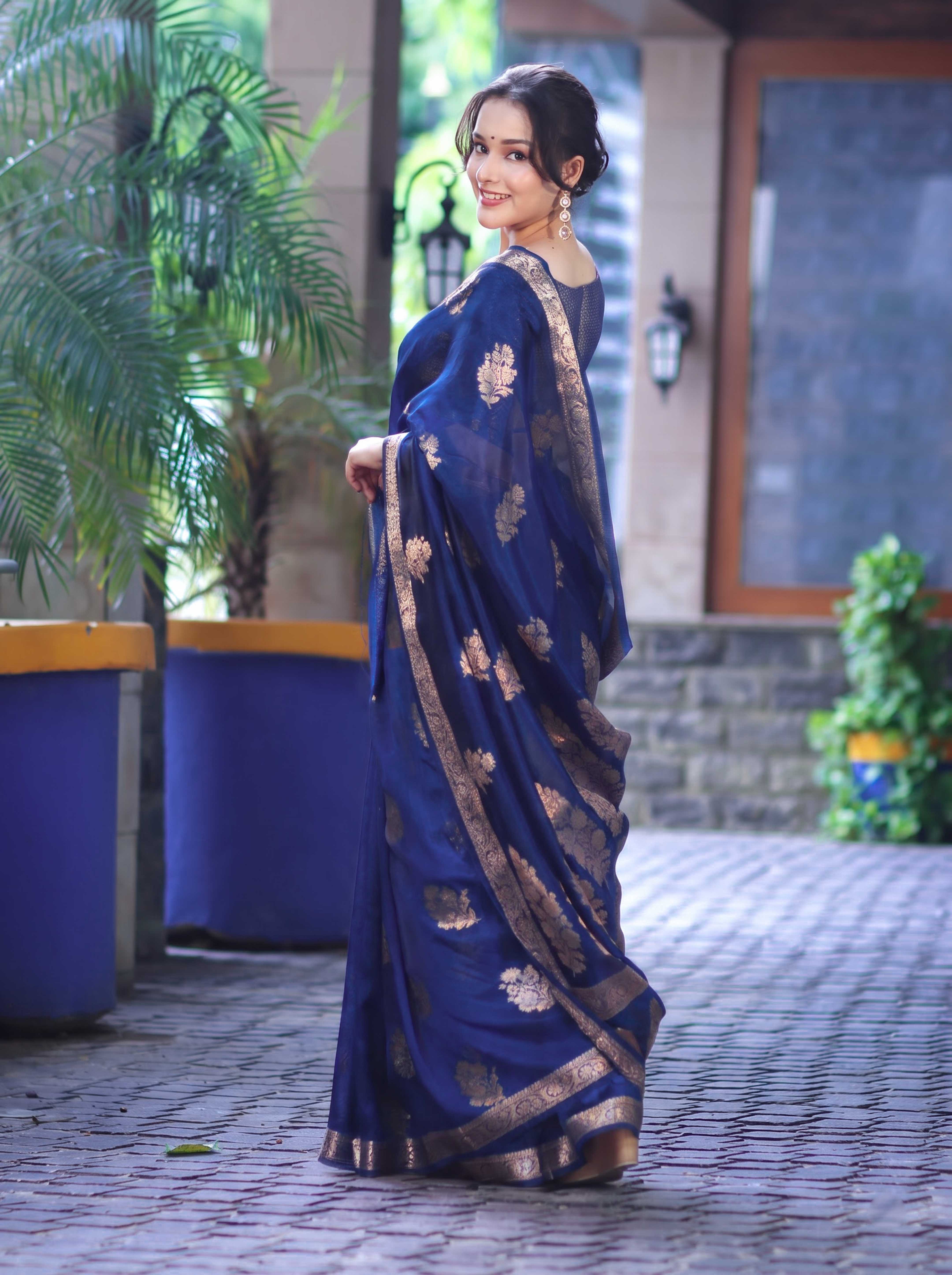 Banarasee Handloom Dupion Silk Saree With Zari Floral Buta Design & Border-Blue