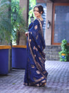 Banarasee Handloom Dupion Silk Saree With Zari Floral Buta Design & Border-Blue