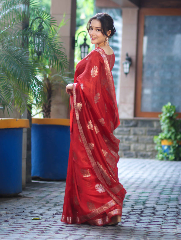 Banarasee Handloom Semi Silk Saree With Zari Floral Buta Design & Border-Red