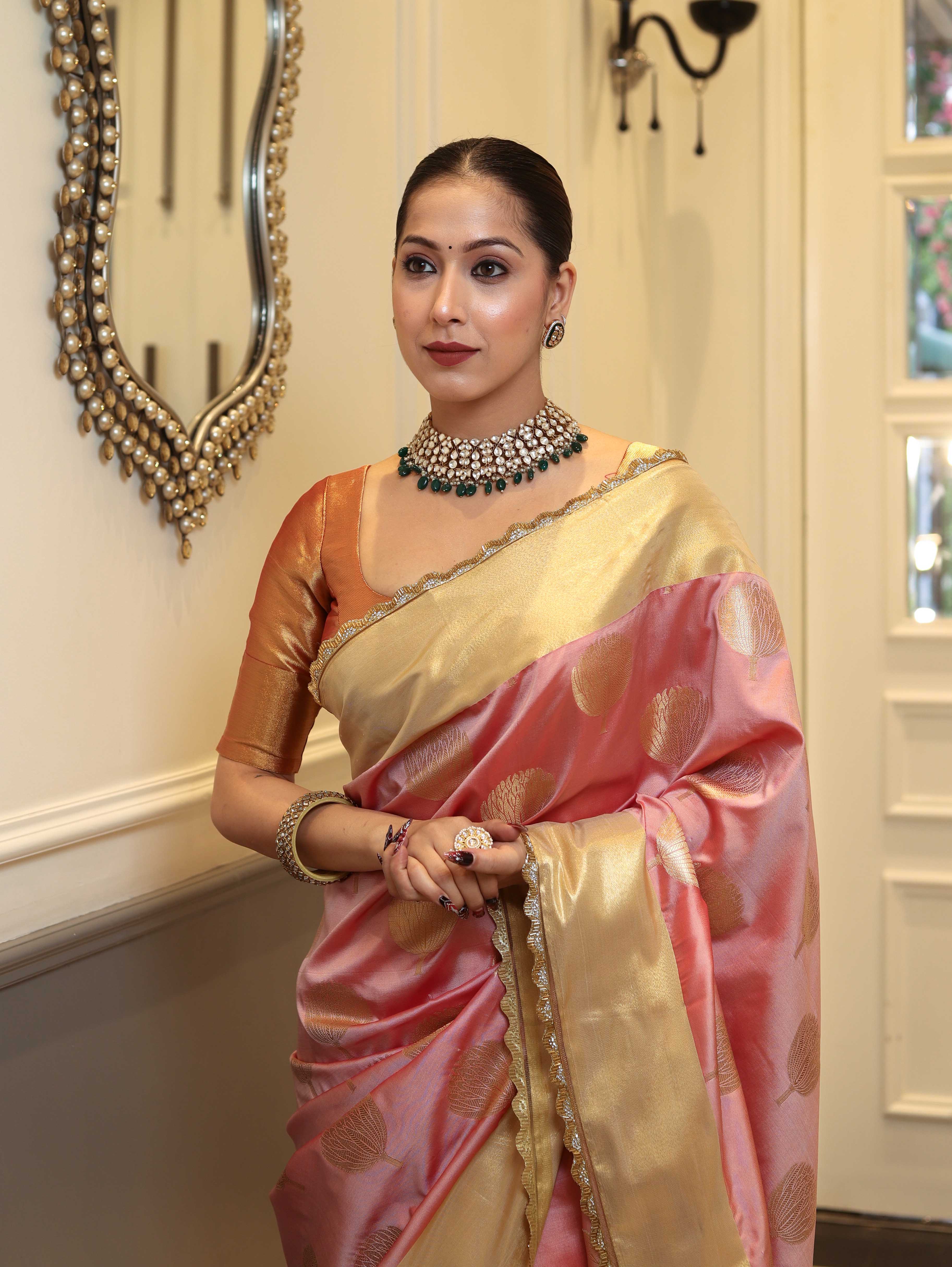 Banarasee Handwoven Semi Silk Saree With Zari Buta Design & Lace-Peach