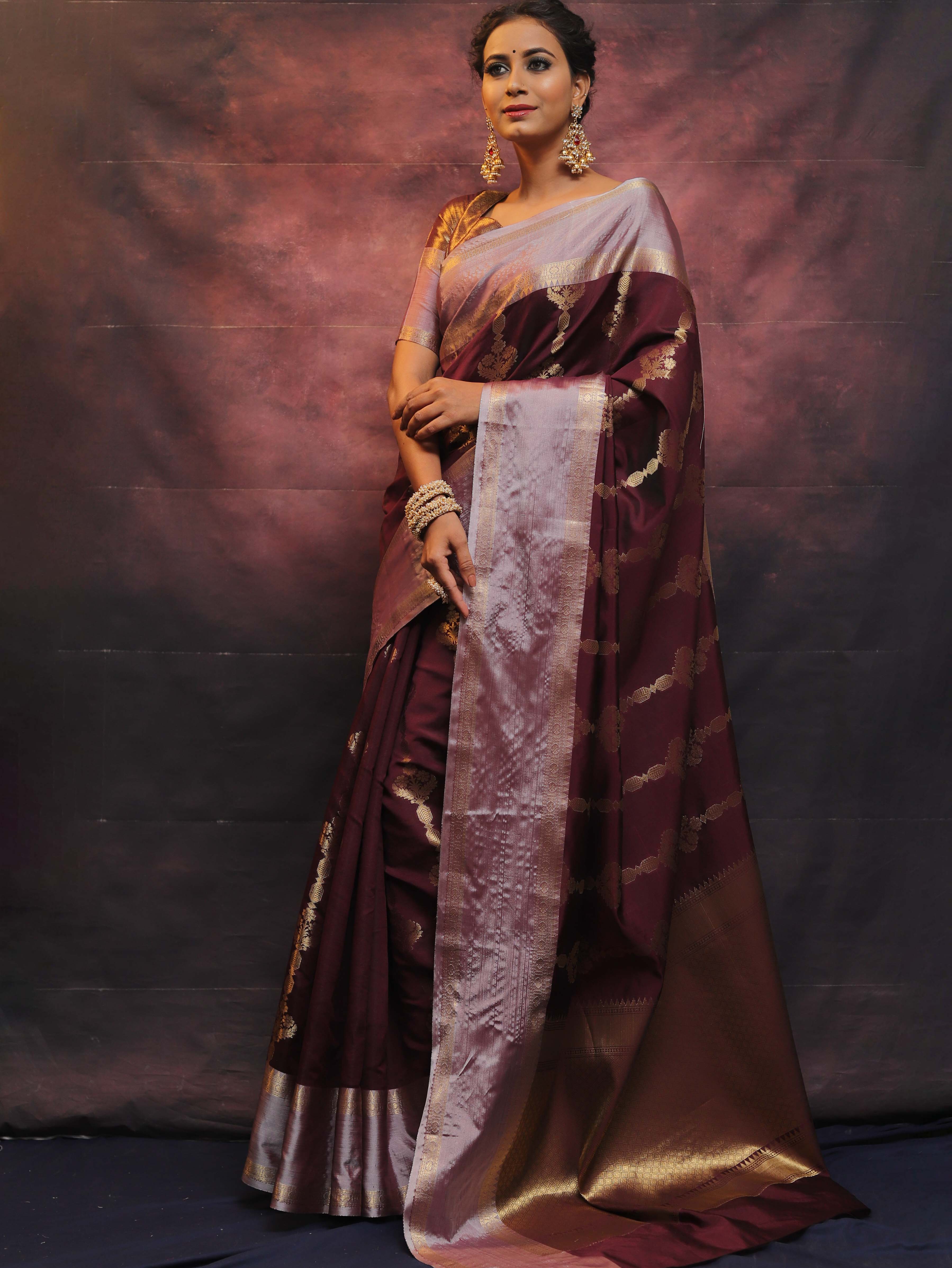 Banarasee Handwoven Semi Silk Saree With Zari Work-Wine