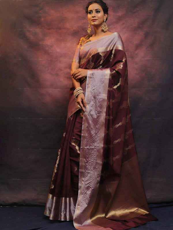 Banarasee Handwoven Semi Silk Saree With Zari Work-Wine