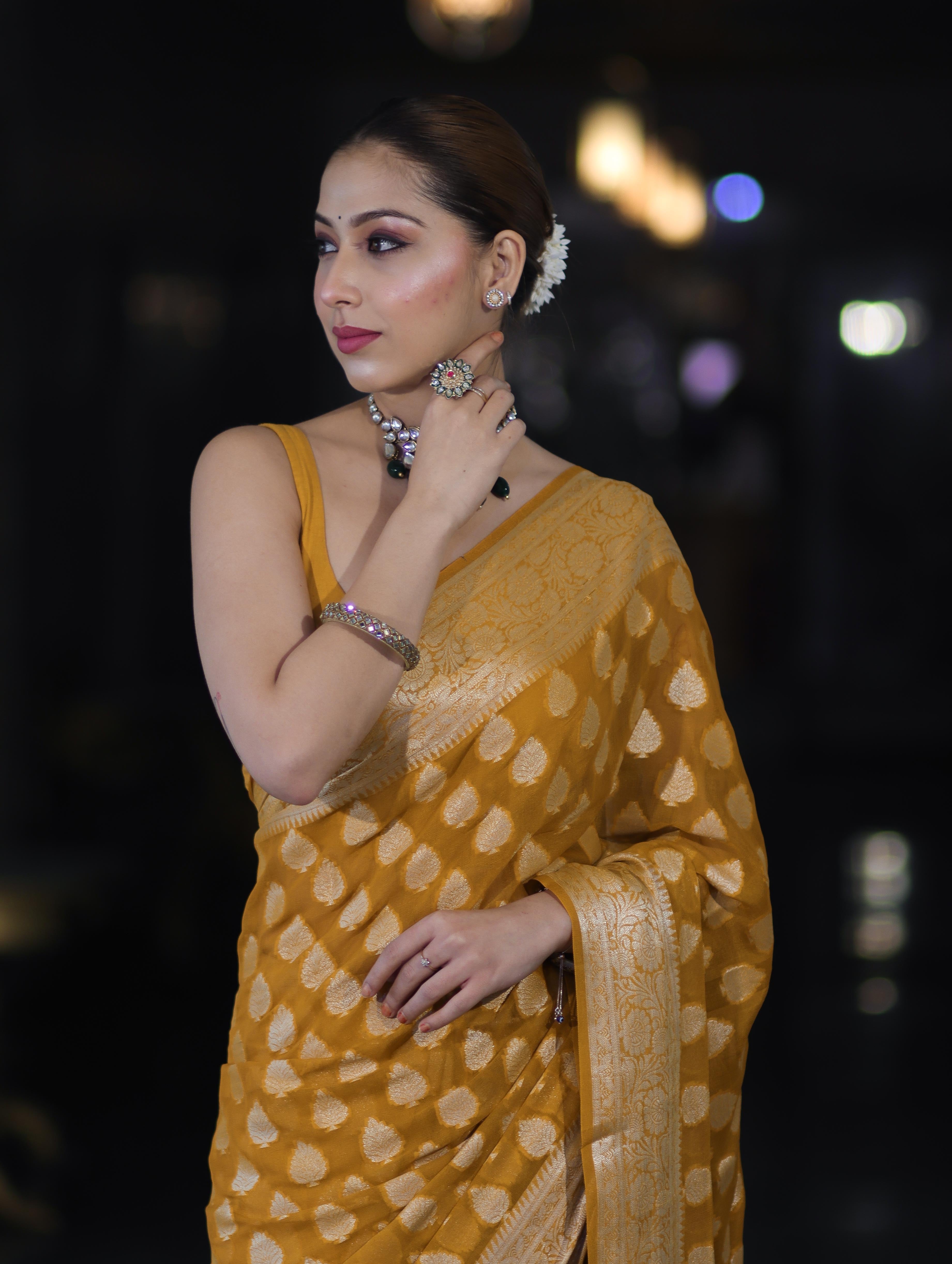 Banarasee Pure Chiffon Saree With Gold Zari Buta Work & Border-Mustard Yellow