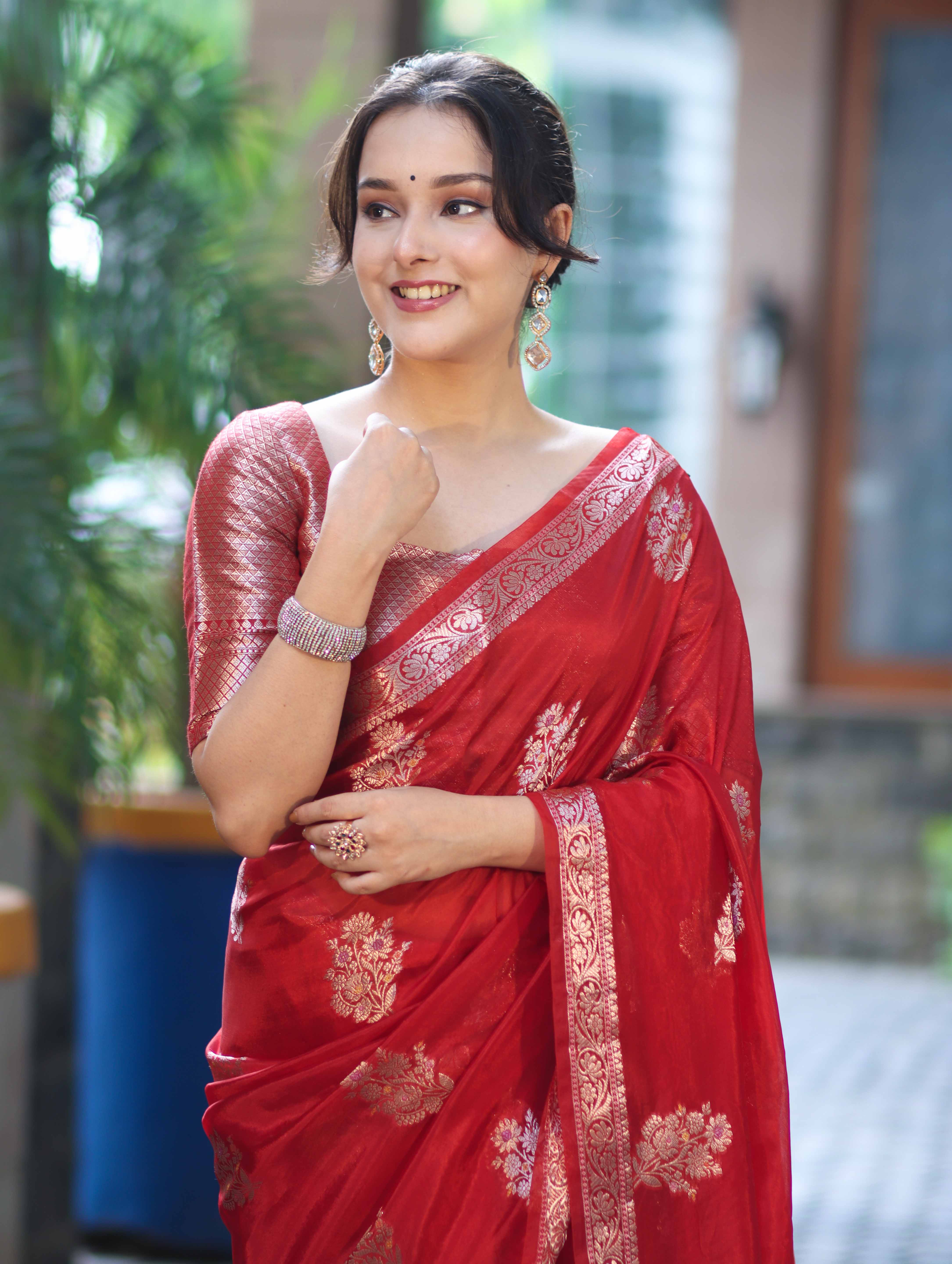 Banarasee Handloom Semi Silk Saree With Zari Floral Buta Design & Border-Red