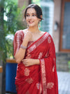 Banarasee Handloom Semi Silk Saree With Zari Floral Buta Design & Border-Red