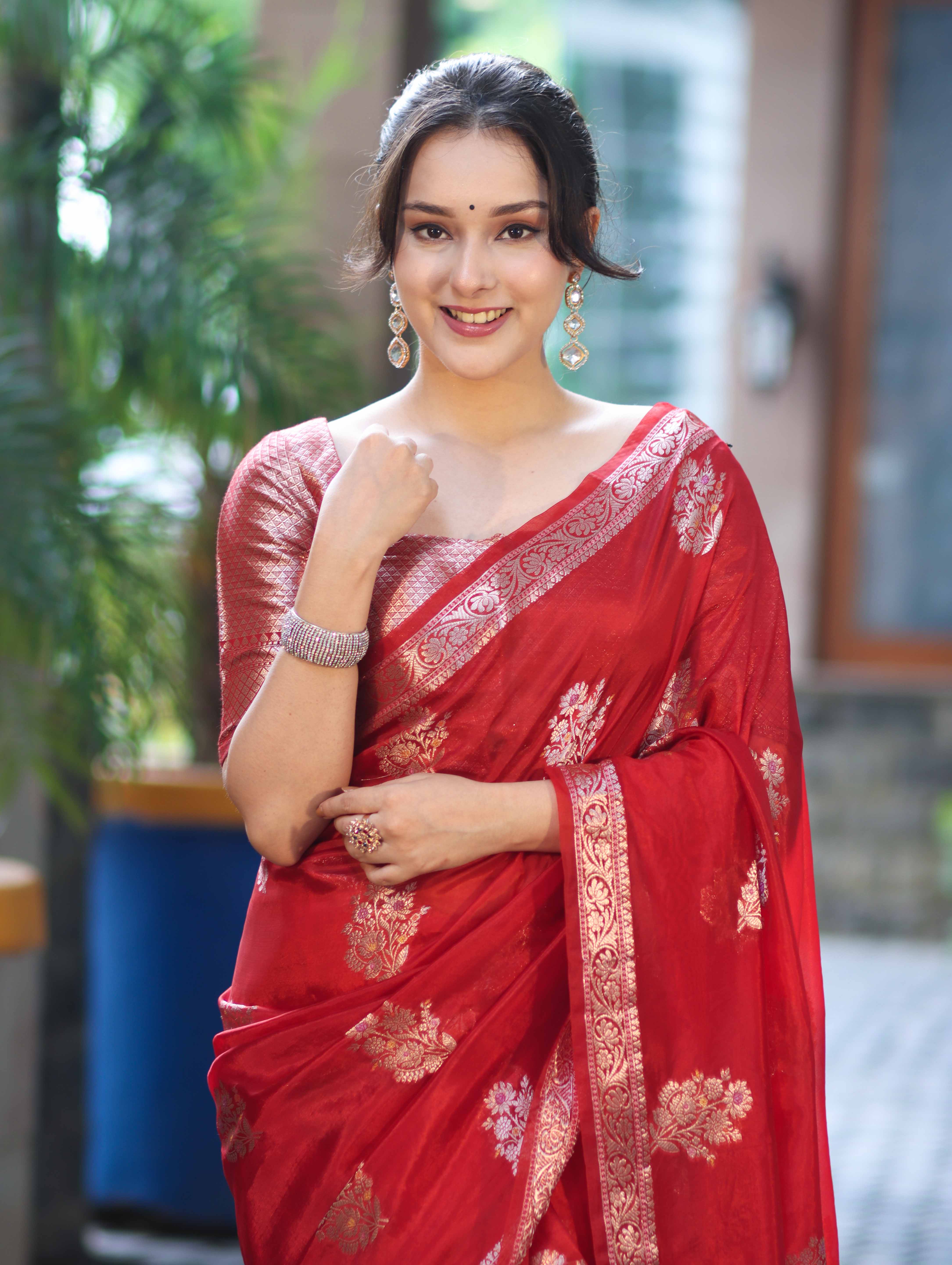 Banarasee Handloom Semi Silk Saree With Zari Floral Buta Design & Border-Red