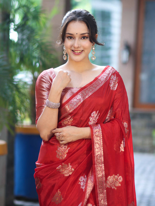 Banarasee Handloom Semi Silk Saree With Zari Floral Buta Design & Border-Red