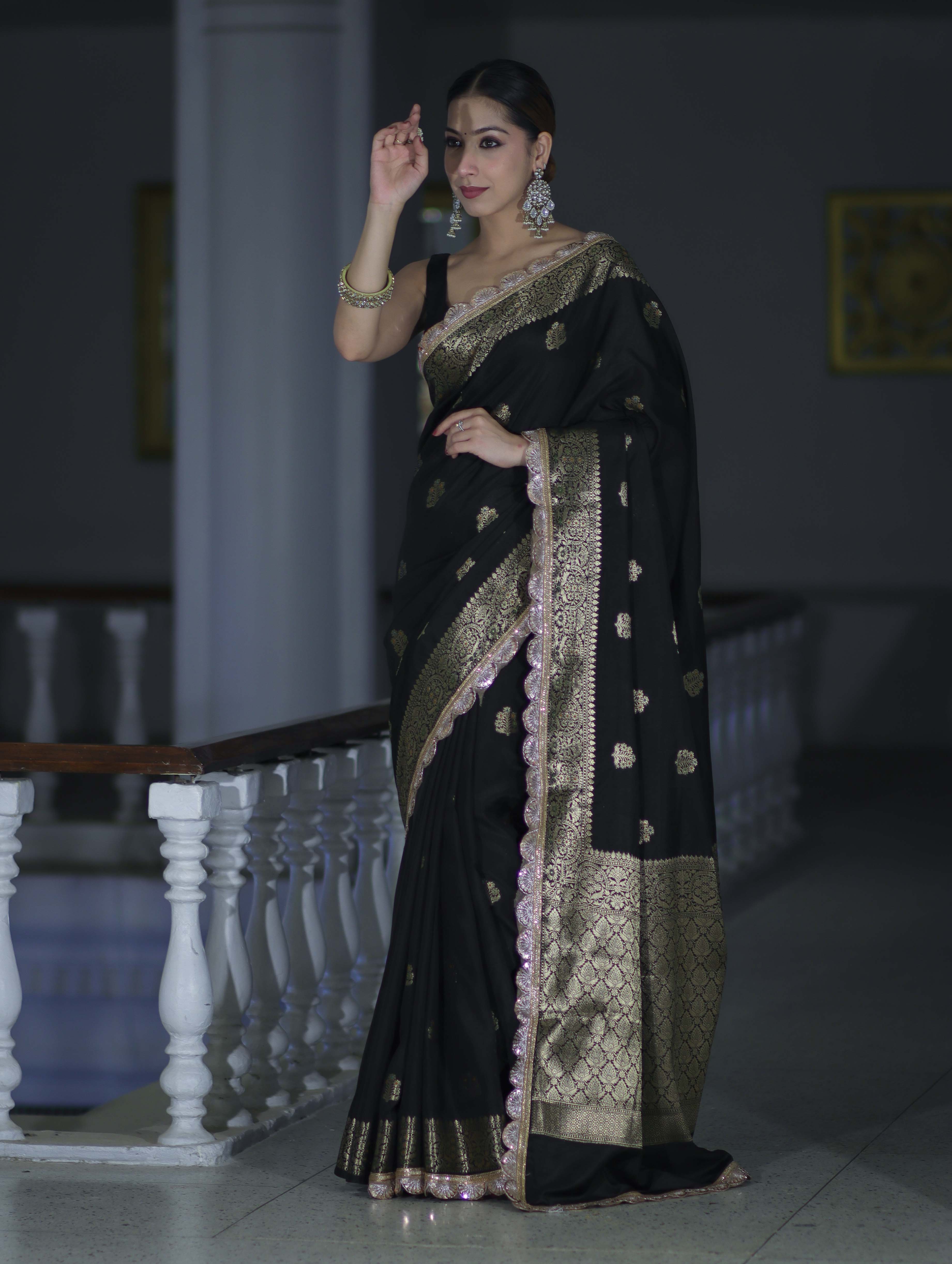 Banarasee Handloom Semi Silk Saree With Zari Buti Design & Lace Border-Black