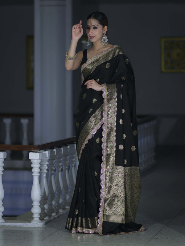 Banarasee Handloom Semi Silk Saree With Zari Buti Design & Lace Border-Black
