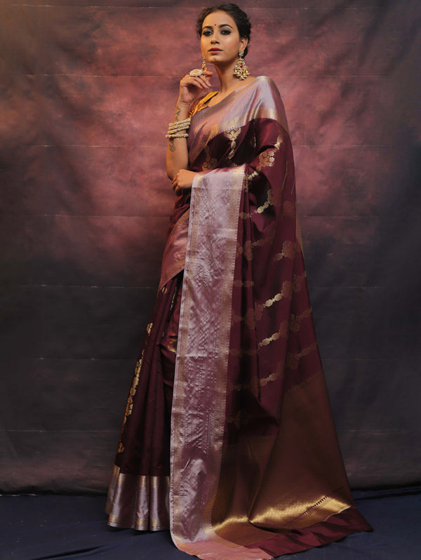 Banarasee Handwoven Semi Silk Saree With Zari Work-Wine