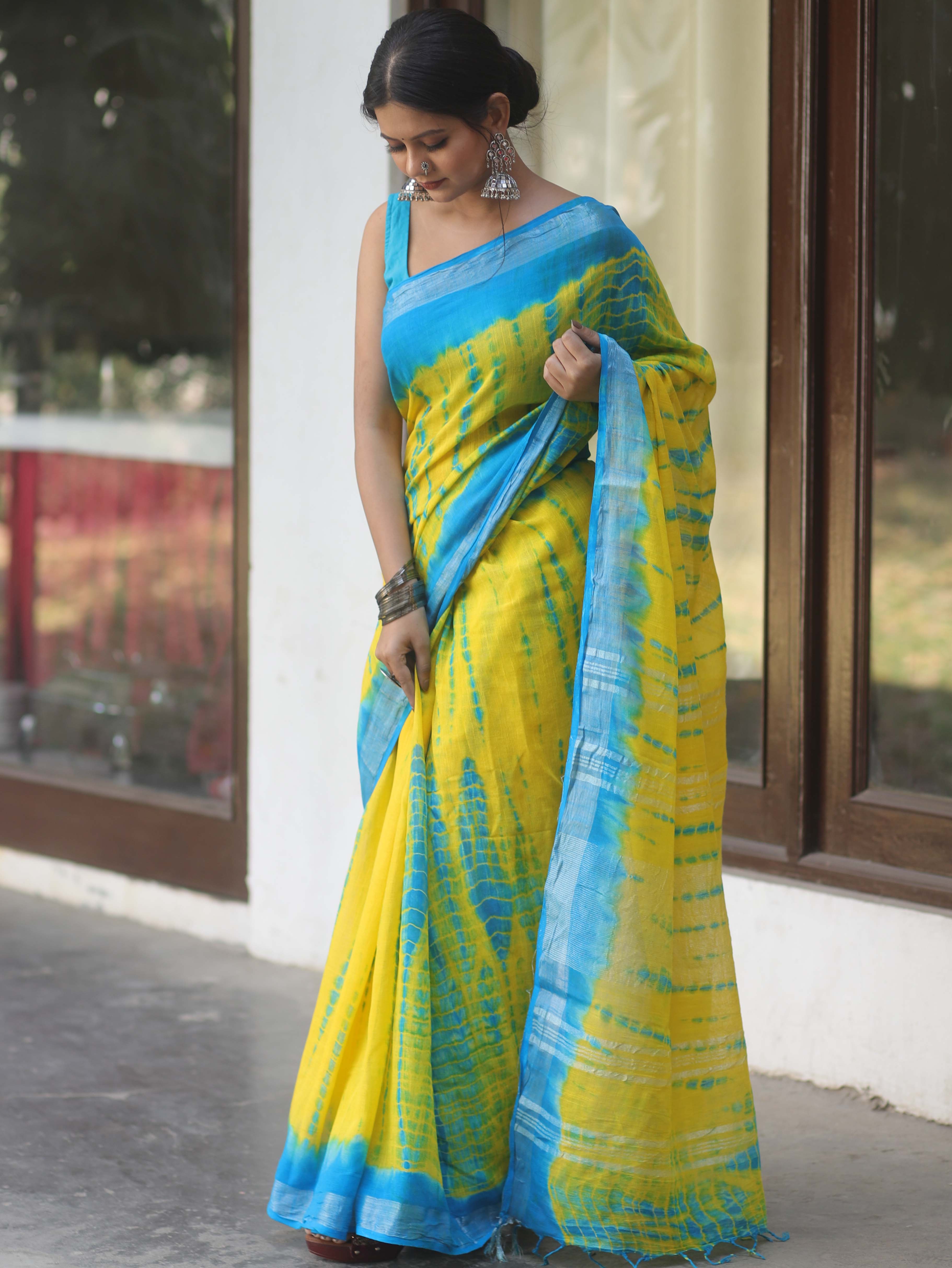 Linen Cotton Bagru Shibori Dyed Saree-Yellow & Blue