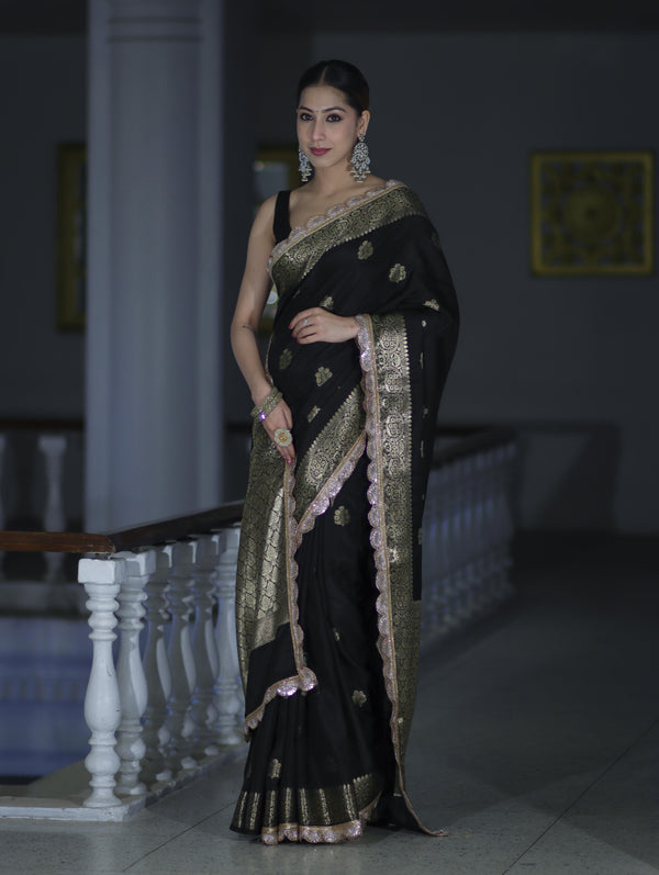 Banarasee Handloom Semi Silk Saree With Zari Buti Design & Lace Border-Black