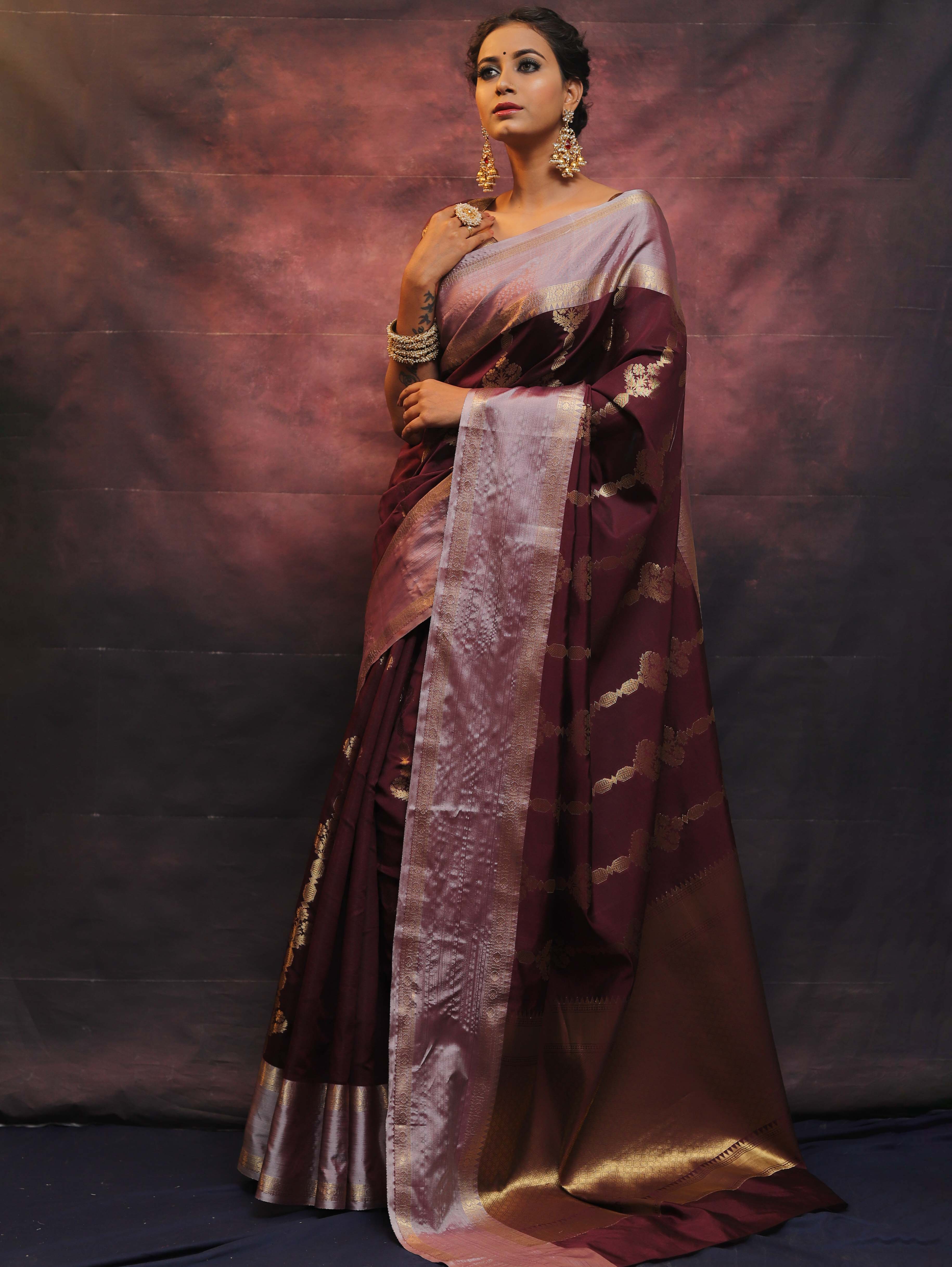 Banarasee Handwoven Semi Silk Saree With Zari Work-Wine