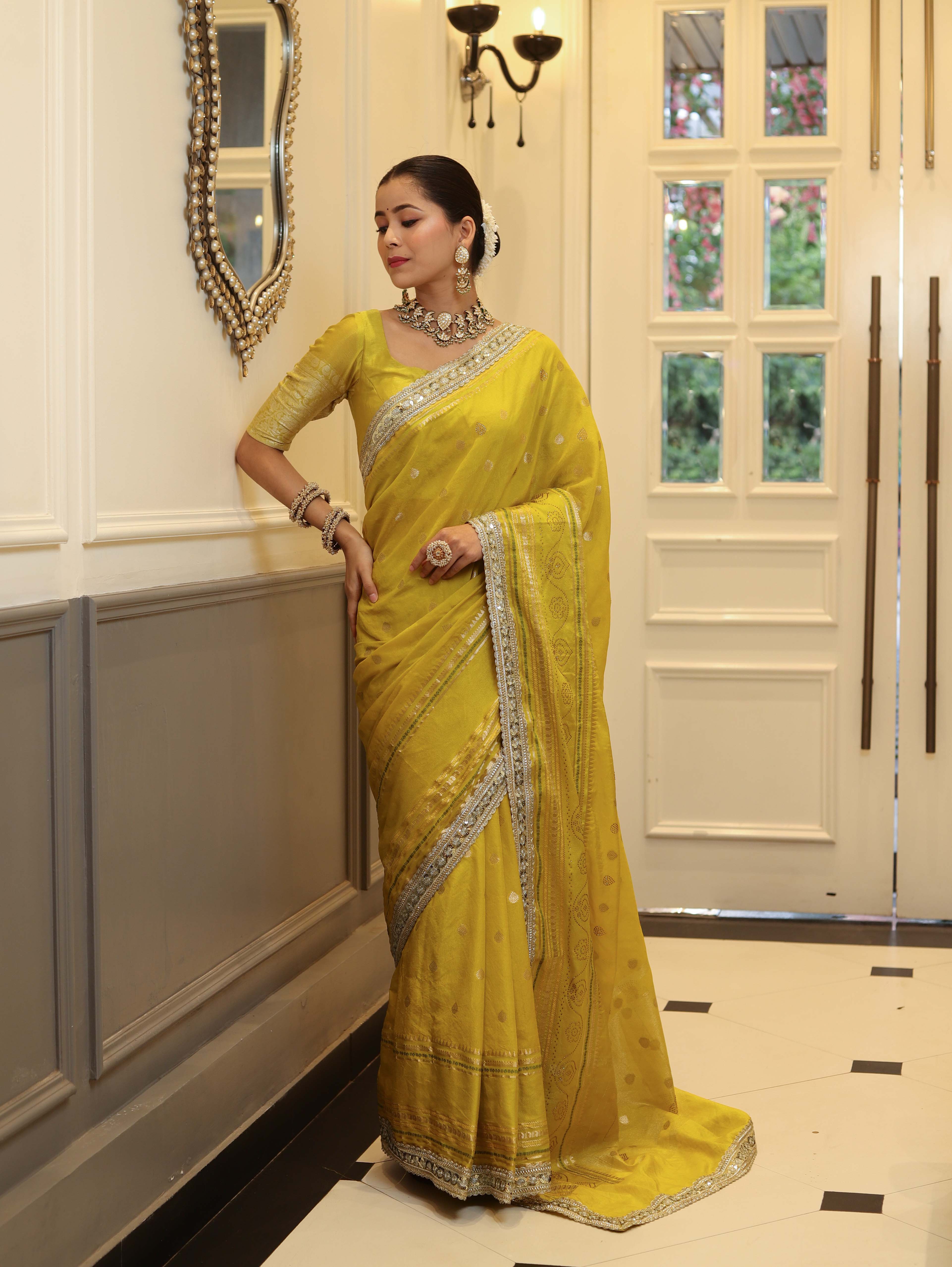 Banarasee Handwoven Semi Silk Saree With Buti Design Zari Border & Lace-Lemon Yellow