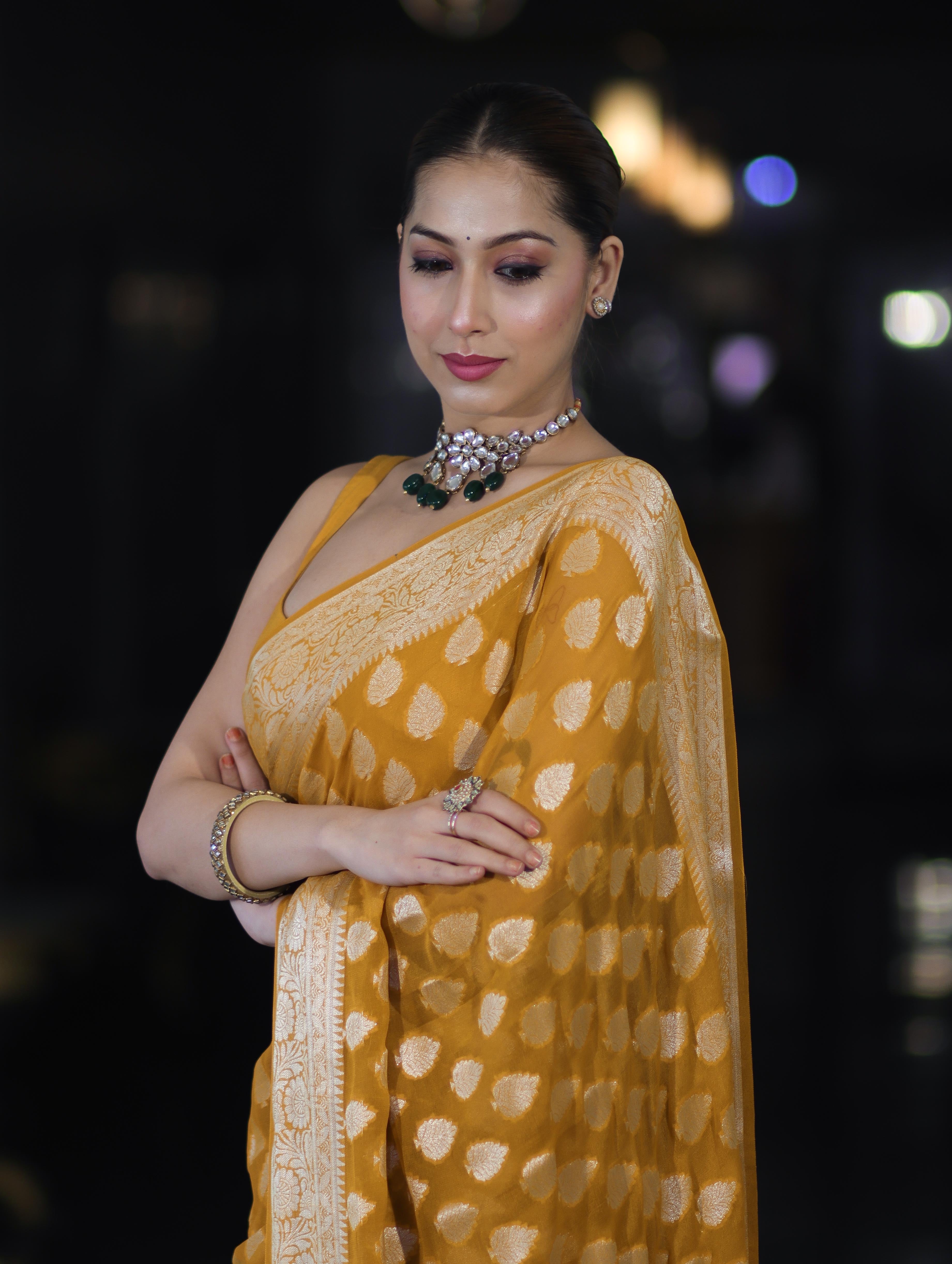 Banarasee Pure Chiffon Saree With Gold Zari Buta Work & Border-Mustard Yellow