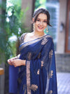 Banarasee Handloom Dupion Silk Saree With Zari Floral Buta Design & Border-Blue