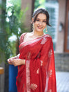Banarasee Handloom Semi Silk Saree With Zari Floral Buta Design & Border-Red