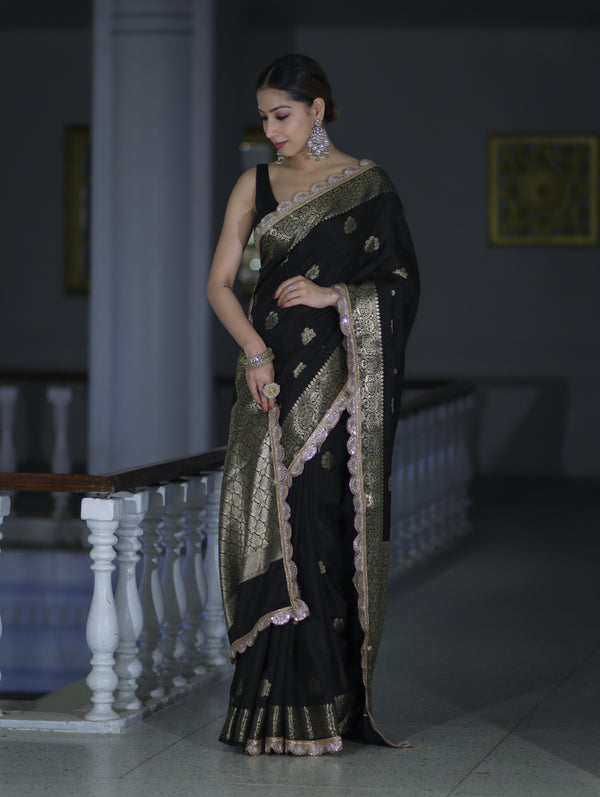 Banarasee Handloom Semi Silk Saree With Zari Buti Design & Lace Border-Black
