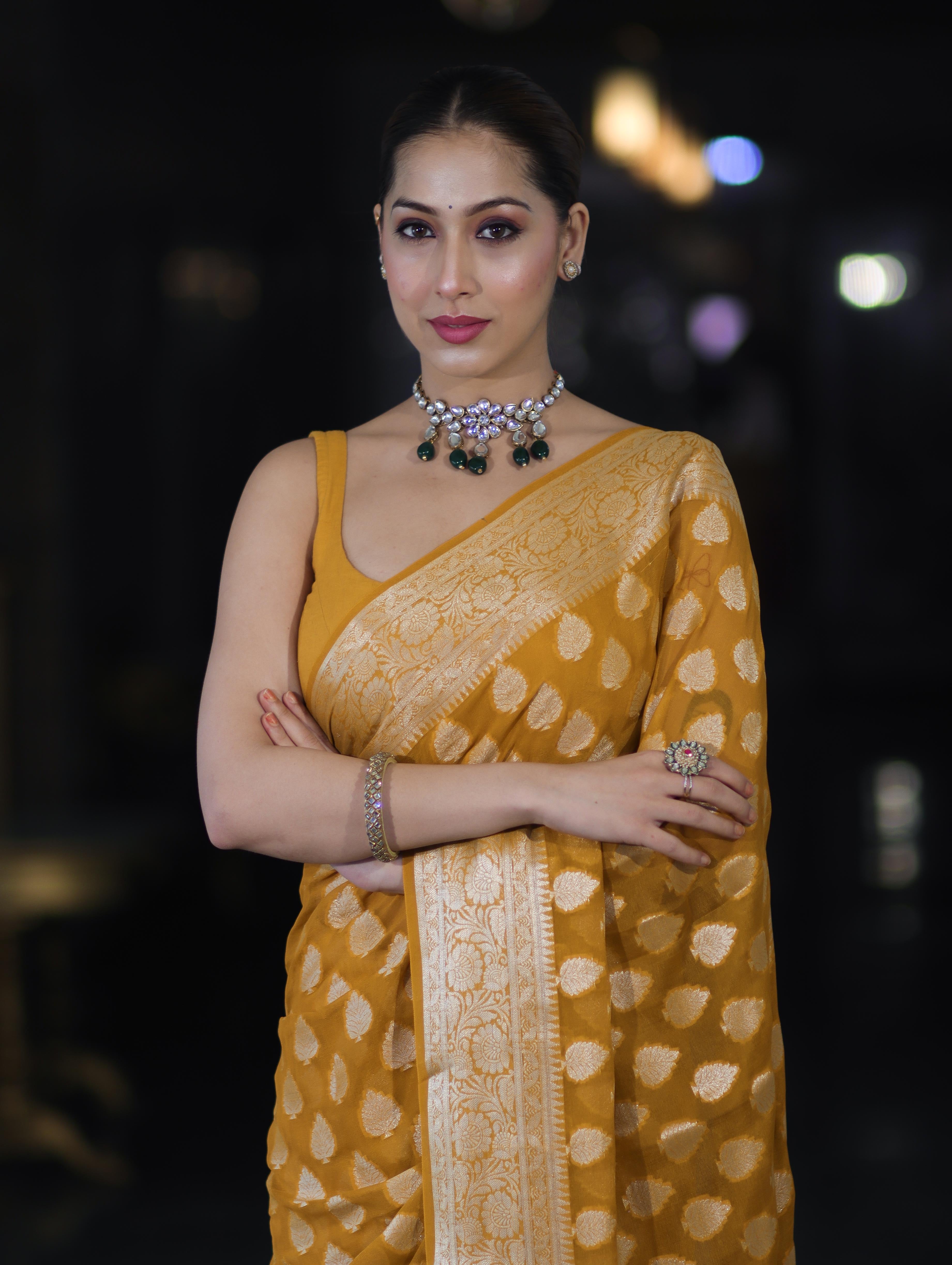 Banarasee Pure Chiffon Saree With Gold Zari Buta Work & Border-Mustard Yellow
