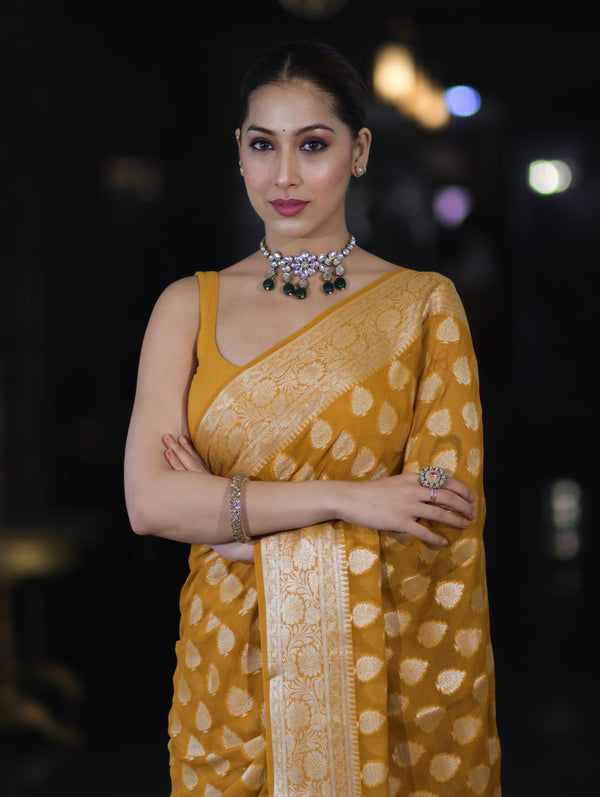 Banarasee Pure Chiffon Saree With Gold Zari Buta Work & Border-Mustard Yellow