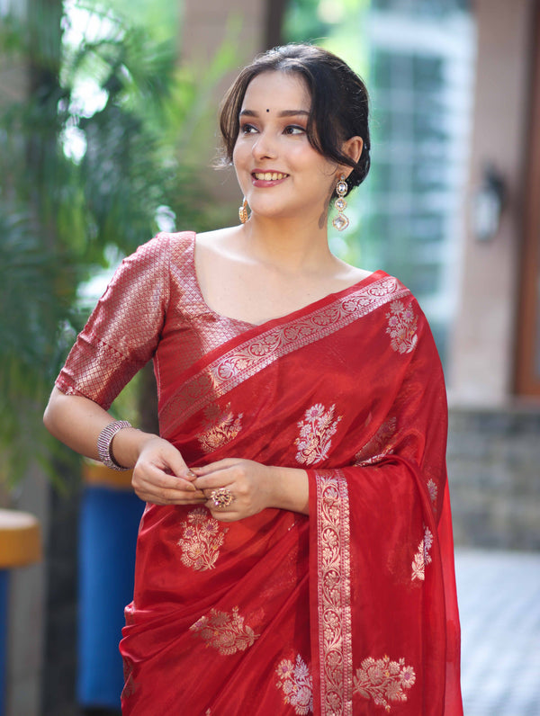 Banarasee Handloom Semi Silk Saree With Zari Floral Buta Design & Border-Red