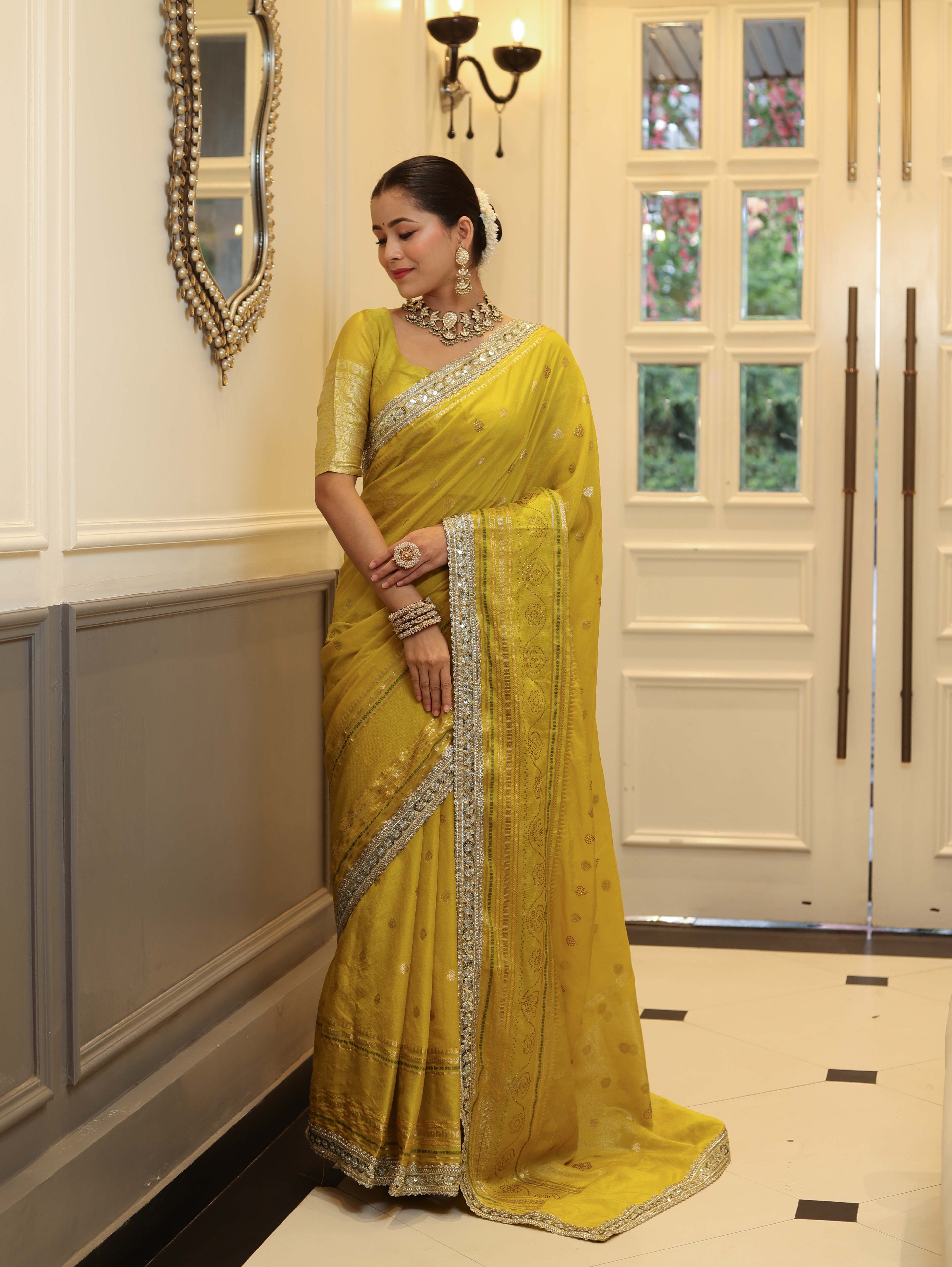 Banarasee Handwoven Semi Silk Saree With Buti Design Zari Border & Lace-Lemon Yellow