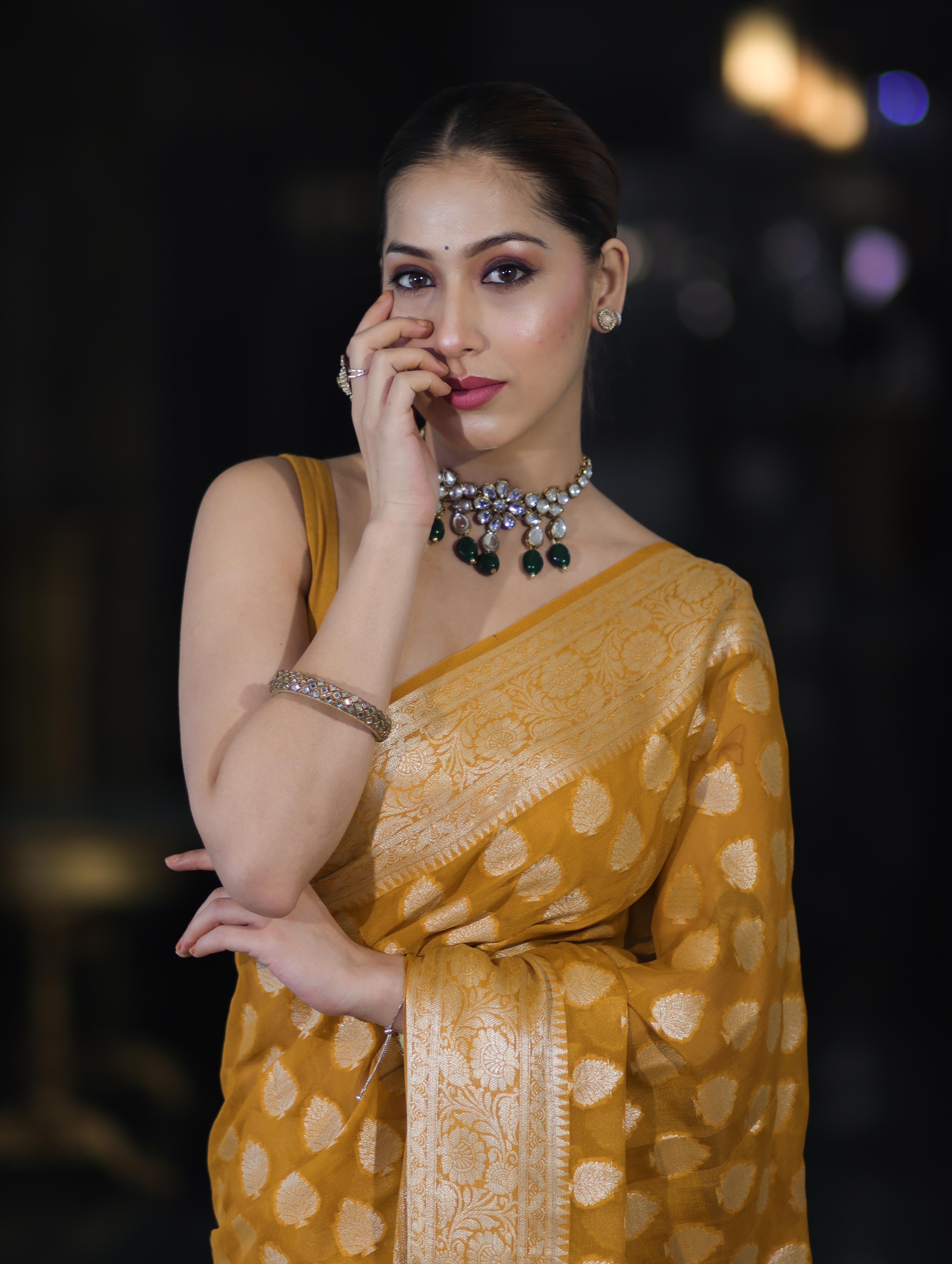 Banarasee Pure Chiffon Saree With Gold Zari Buta Work & Border-Mustard Yellow