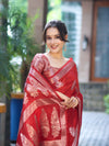Banarasee Handloom Semi Silk Saree With Zari Floral Buta Design & Border-Red