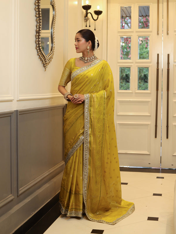 Banarasee Handwoven Semi Silk Saree With Buti Design Zari Border & Lace-Lemon Yellow