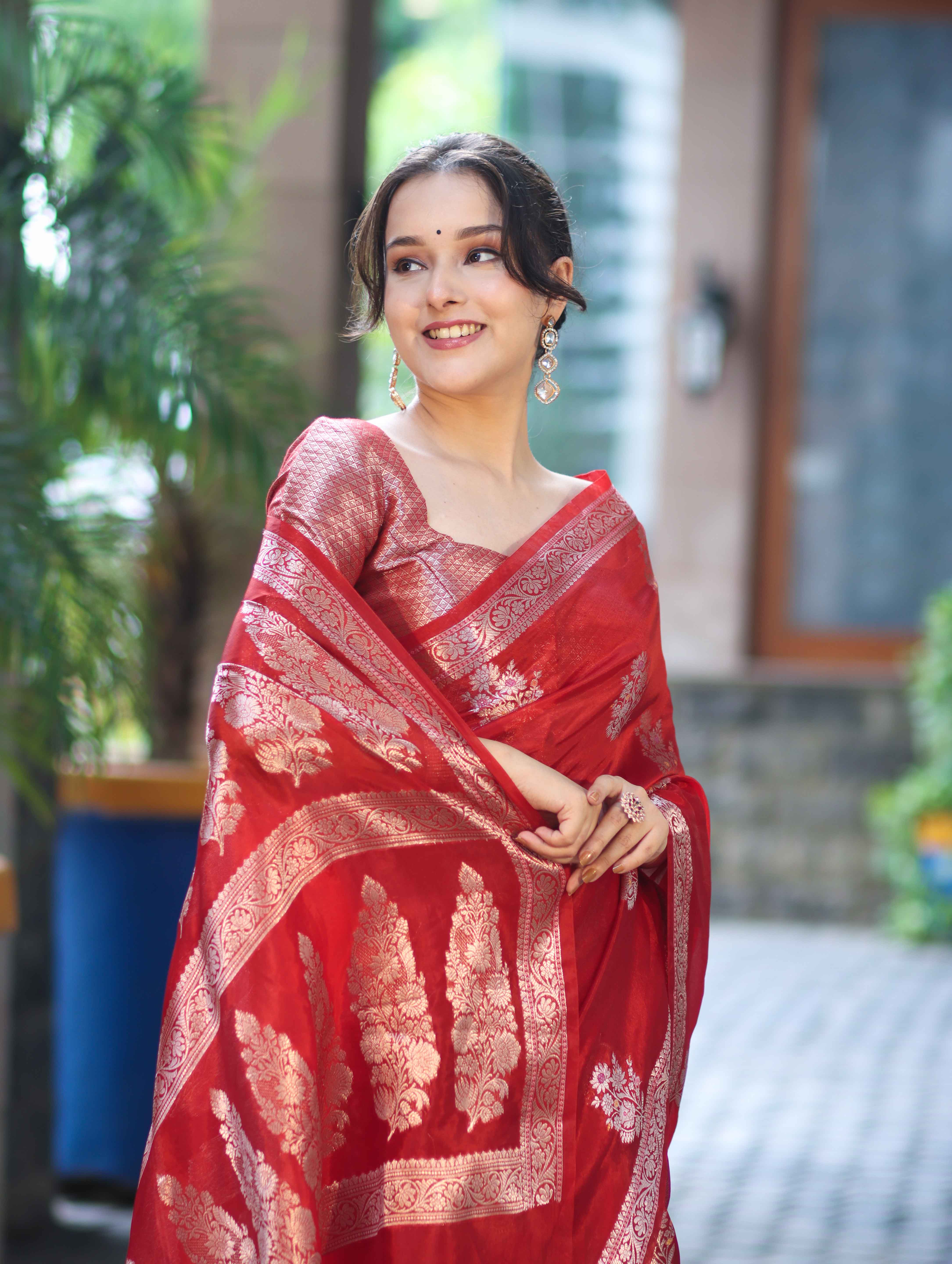 Banarasee Handloom Semi Silk Saree With Zari Floral Buta Design & Border-Red