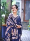 Banarasee Handloom Dupion Silk Saree With Zari Floral Buta Design & Border-Blue